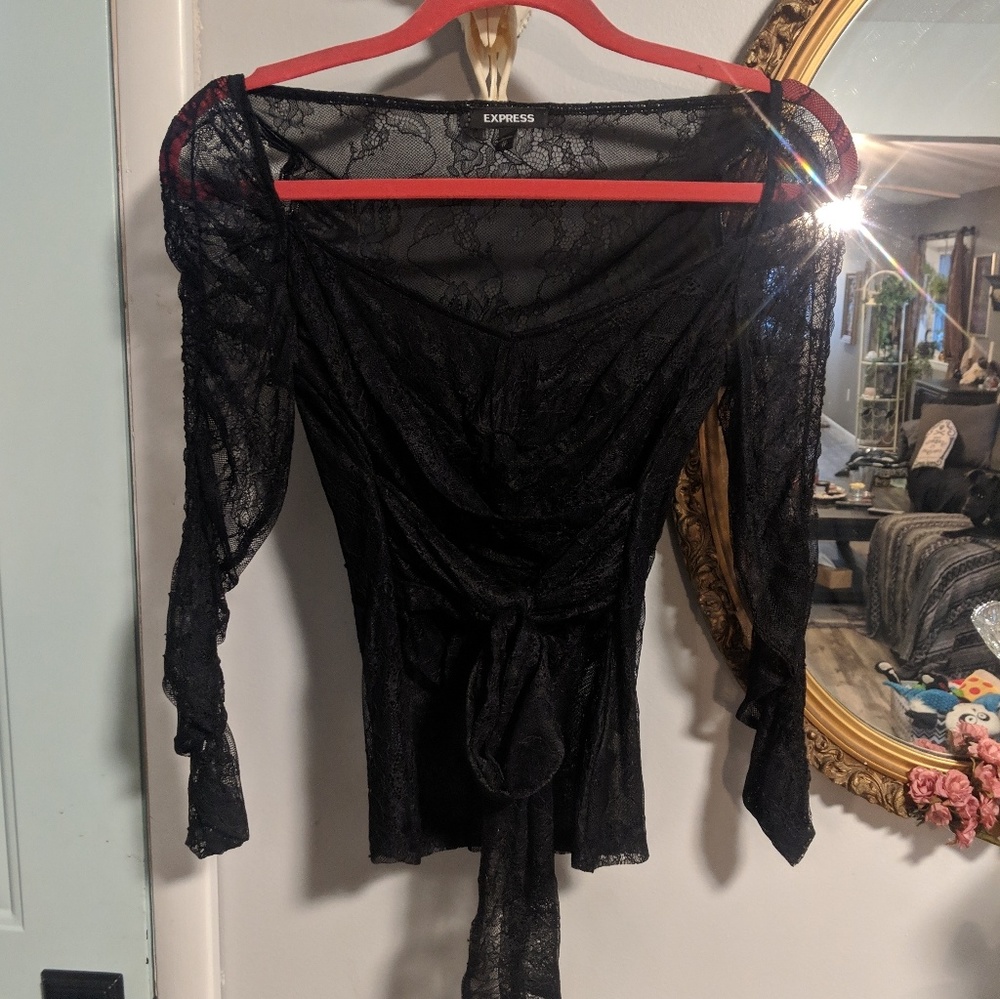 EXPRESS Black Lace Ballerina Tie long sleeve top